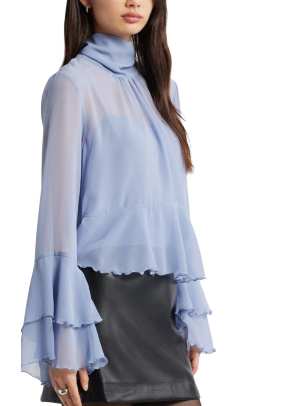 Open Edit High Neck Chiffon Peplum Top – Ruffle Bell Sleeves XL